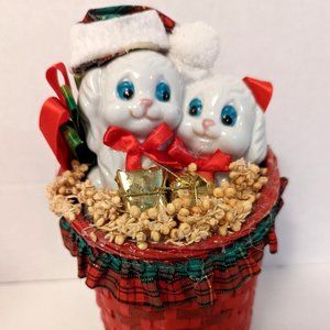 Porcelain Blue Eyed Christmas Dog Vintage Figurine